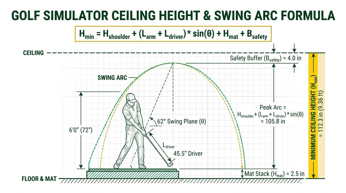 Figure 1: Trigonometric decomposition of peak driver clubhead elevation, combining shoulder pivot height, effective arm-plus-driver radius at swing angle θ, hitting mat stack thickness, and a 4.0-inch safety buffer.