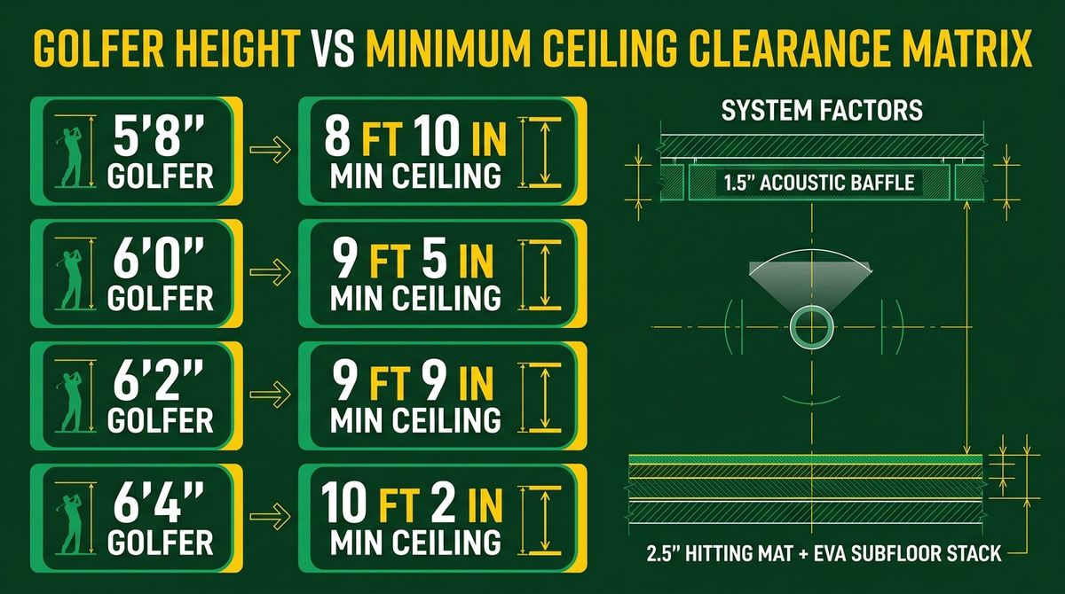 Figure 2: Golfer height to minimum safe ceiling clearance lookup matrix alongside the 2.5-inch hitting mat subfloor stack and 1.5-inch acoustic baffle deductions.