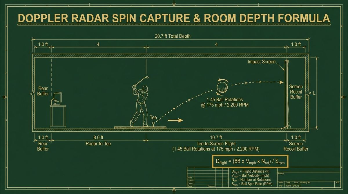 Figure 1: Complete longitudinal room-depth geometry for an indoor Doppler radar simulator tuned for 175 mph / 2,200 RPM driver shots (20.7 ft total depth).