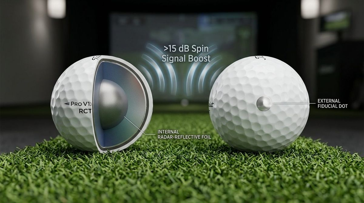 Figure 2: Internal radar-reflective foil layers (Titleist RCT) and external silver metallic fiducial dots boost 24GHz spin-modulation amplitude by more than 15 dB, cutting required flight distance by ~27%.
