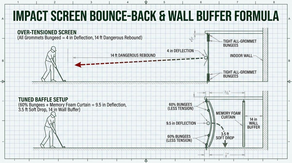 Side-profile view of an indoor golf simulator enclosure showing impact screen deflection and rear wall safety buffer