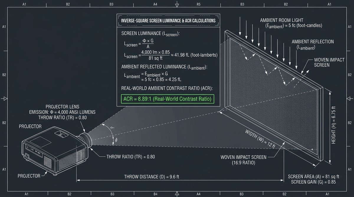 Optical diagram of golf simulator projector ANSI lumens, woven impact screen gain loss, and ambient light reflection