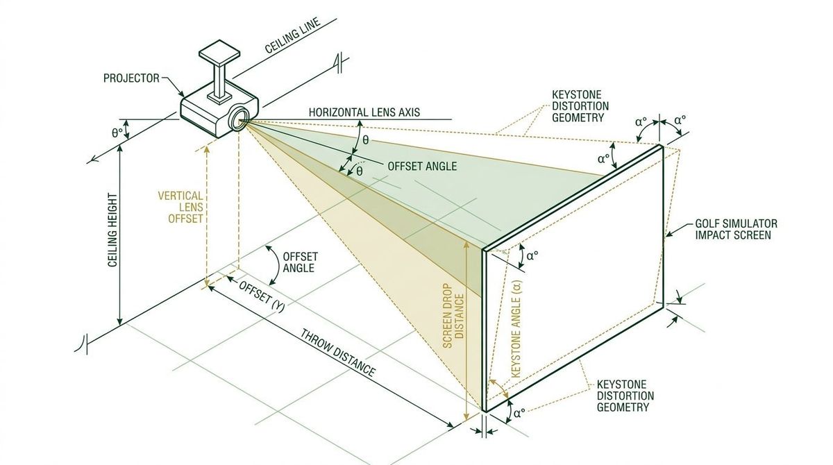 Technical diagram illustrating projector vertical lens offset and keystone geometry relative to a golf simulator impact screen