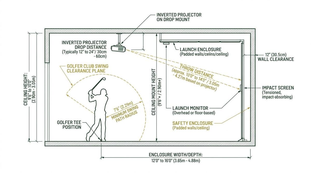 Mounting clearance diagram illustrating inverted projector drop distance and throw angle for golf simulator enclosure