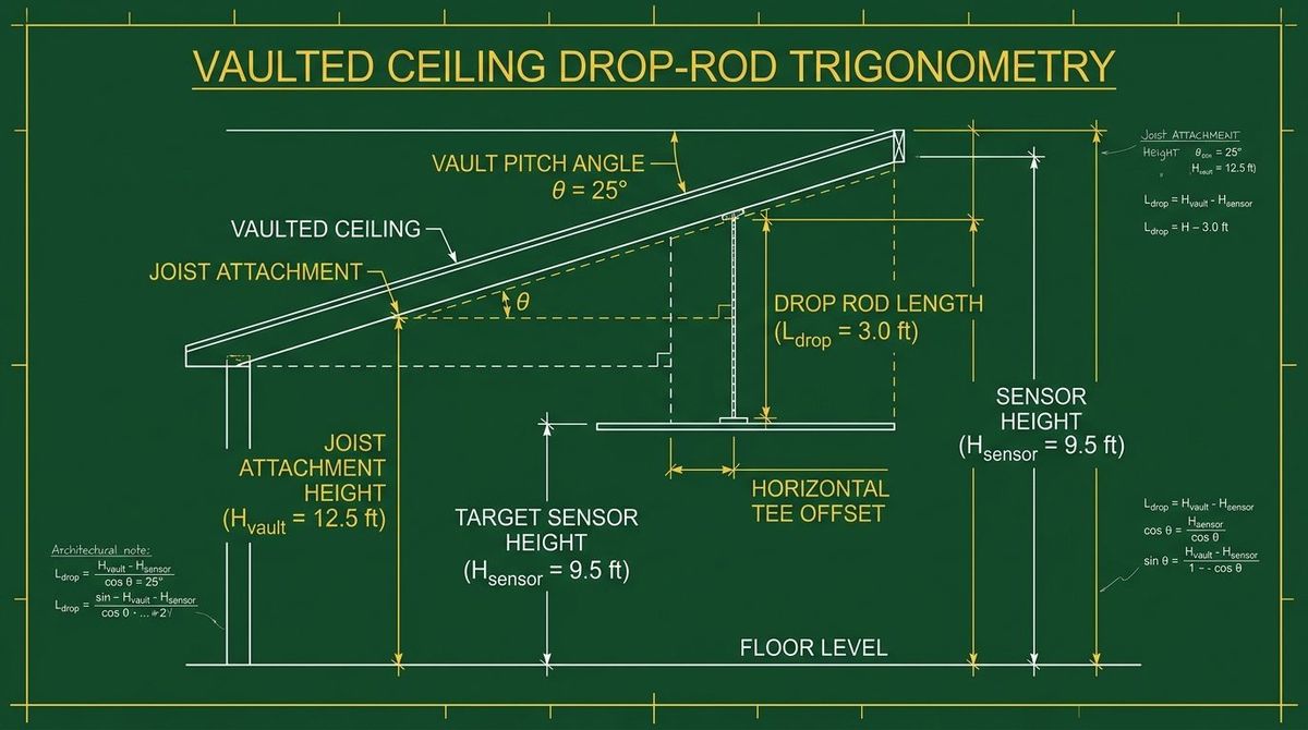 Vaulted Ceiling Drop-Rod Trigonometry Schematic for Overhead Golf Launch Monitors