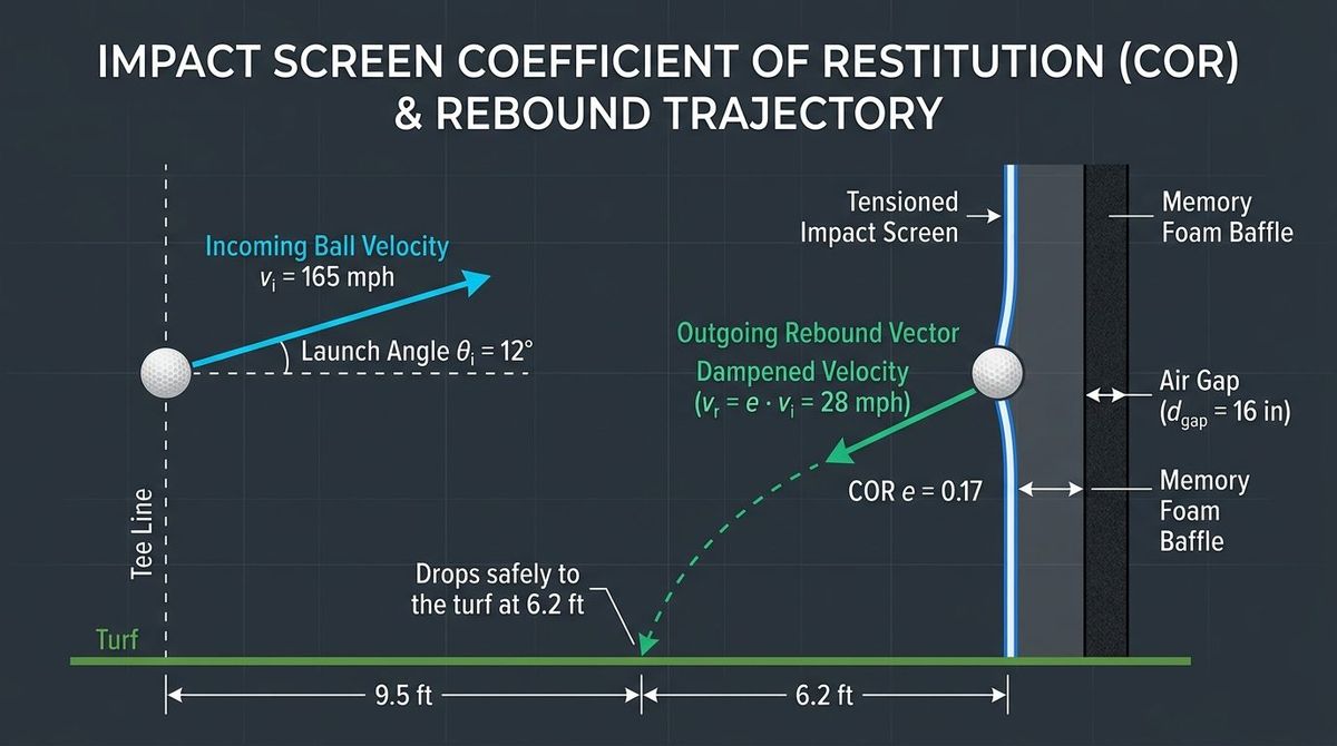 Figure 1: Impact screen Coefficient of Restitution (COR e = 0.17) and rebound trajectory kinematics showing a 165 mph ball dropping safely to the turf at 6.2 ft with a 16-inch rear air gap and memory-foam baffle.