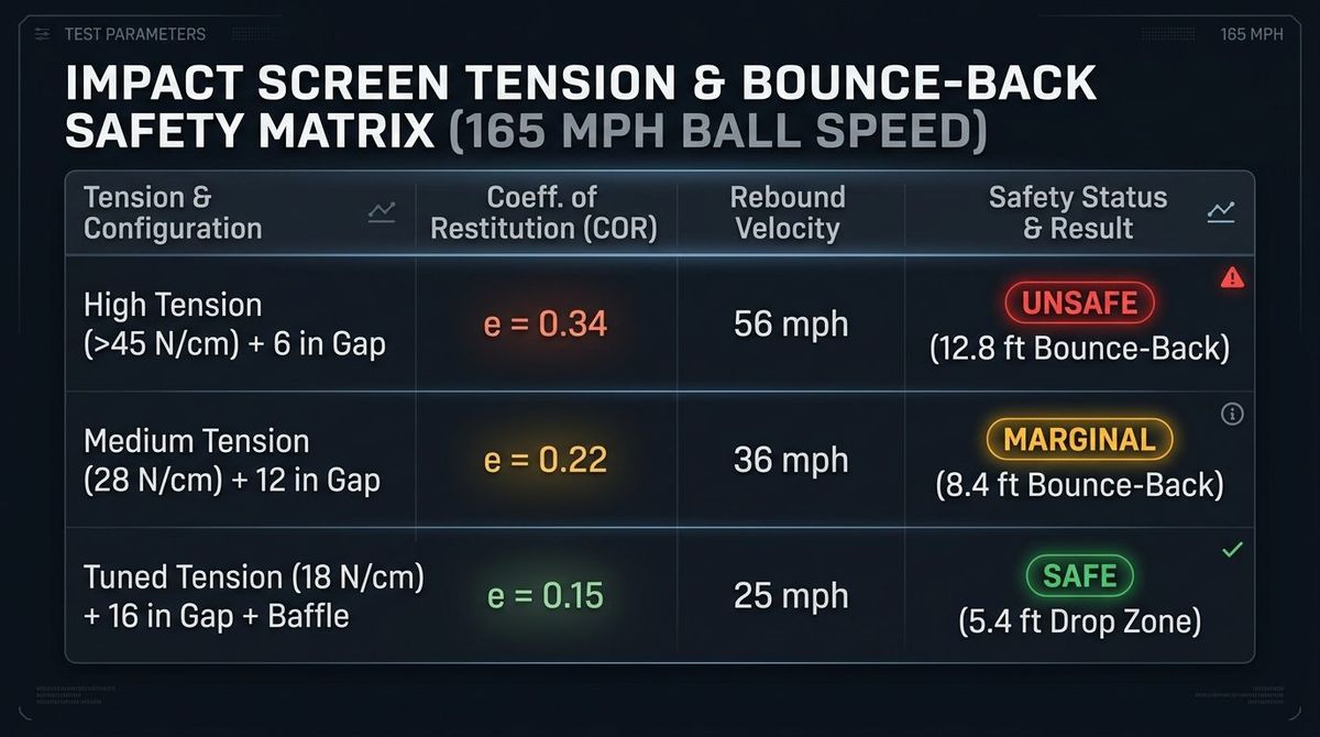 Figure 2: Impact screen tension and bounce-back safety matrix comparing High Tension (COR 0.34, unsafe 12.8 ft bounce-back), Medium Tension (COR 0.22), and Tuned Slack Tension + Baffle (COR 0.15, safe 5.4 ft drop zone).