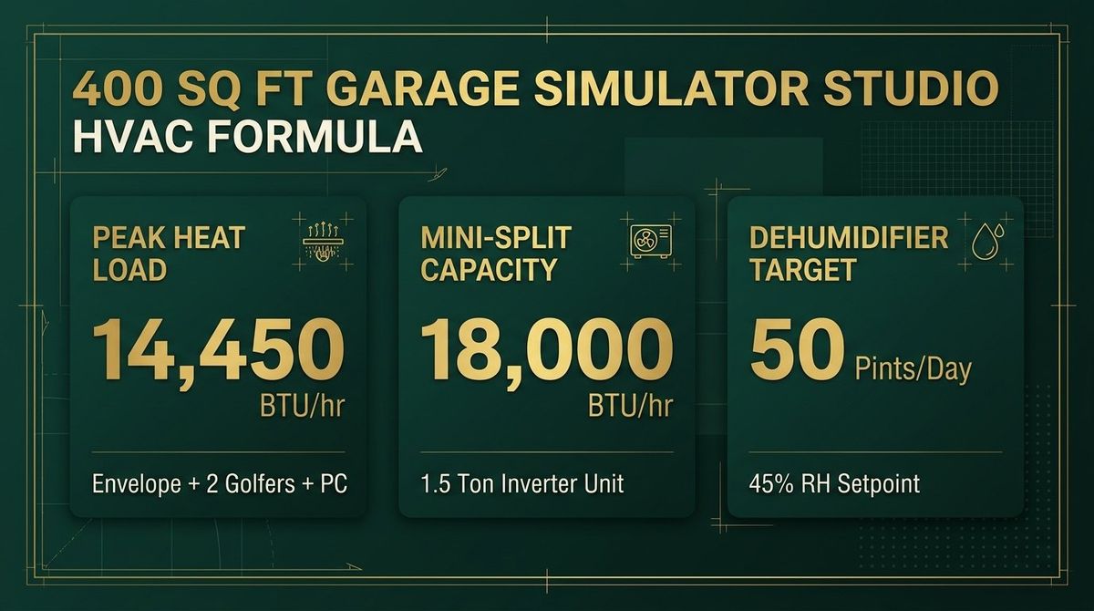 400 sq ft Garage Sim Studio HVAC sizing infographic showing 18,000 BTU/hr (1.5 Ton) mini-split, 14,450 BTU/hr peak load breakdown, and 50 Pints/Day dehumidifier at 45% RH