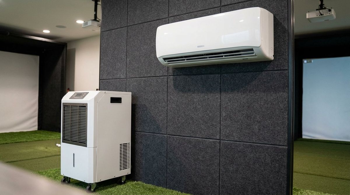 Wall-mounted digital hygrometer reading 45% RH and 70 F beside an indoor golf simulator enclosure and condensate pump line