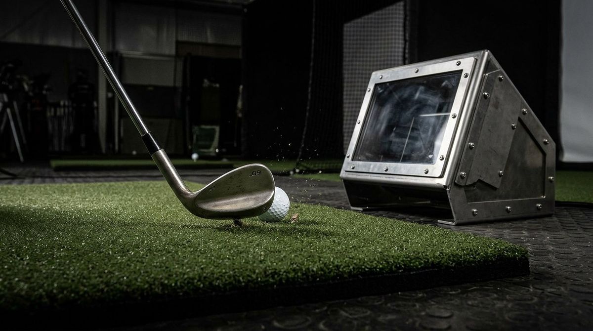 Low-angle view of a 60-degree lob wedge striking a golf ball on a simulator mat with a heavy-gauge steel floor projector housing offset to the side