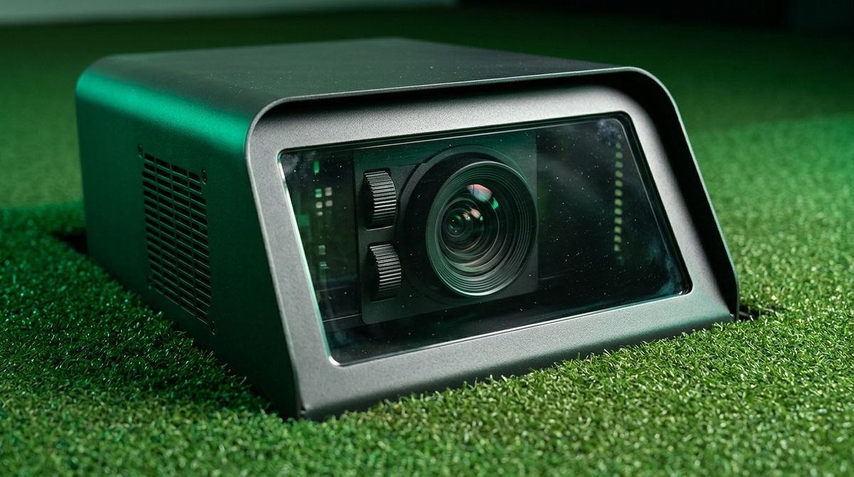 Close-up of a short-throw 4K golf simulator projector inside a turf-covered protective floor housing showing optical lens shift dials