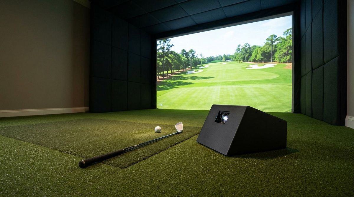 Home golf simulator bay showing an armored floor-mounted short-throw projector enclosure offset laterally from the hitting strip and 60-degree wedge