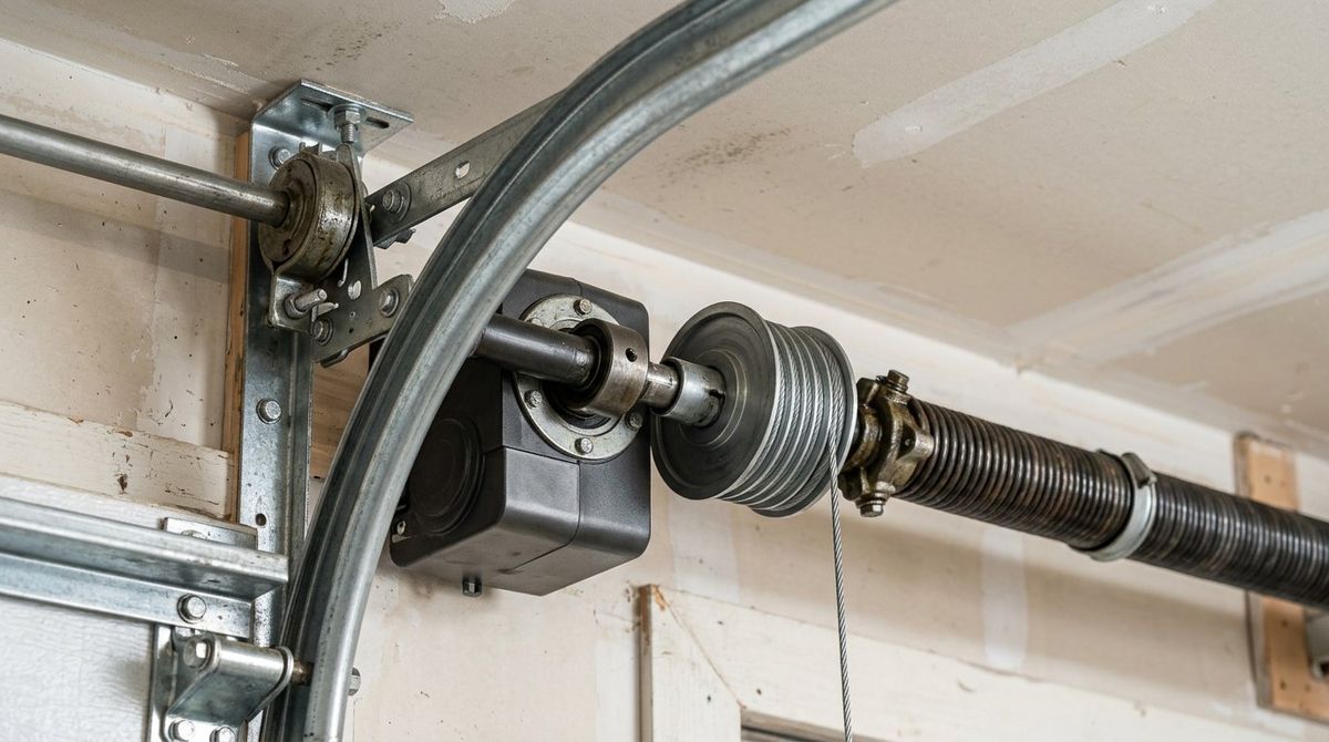 Close-up of a wall-mounted direct-drive jackshaft garage door opener coupled to a stepped high-lift cable drum and torsion spring bar