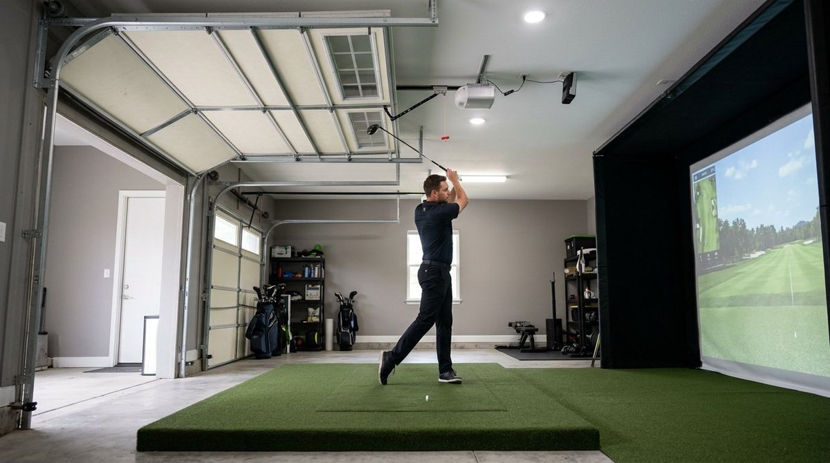 Side profile of a golfer at the top of a driver backswing inside a garage golf simulator with high-lift garage door tracks overhead