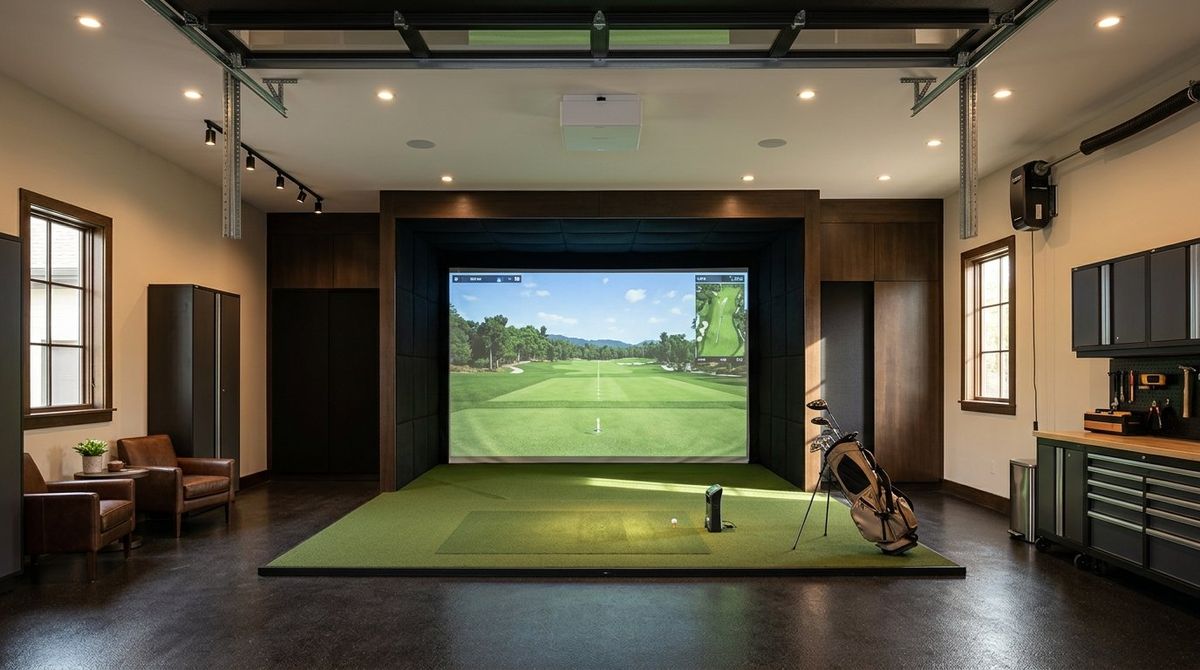 Residential garage golf simulator with high-lift steel garage door tracks hugging an 11-foot ceiling and a wall-mounted jackshaft opener