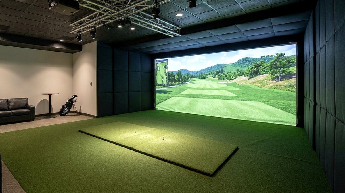 Symmetrical dual handed golf simulator studio with ceiling baffles and overhead lighting