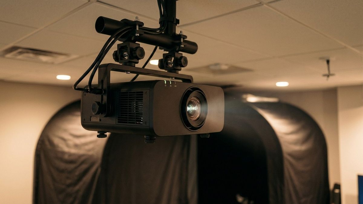 Ceiling-mounted 4K short-throw laser projector on an adjustable drop bracket aimed at a curved golf simulator enclosure