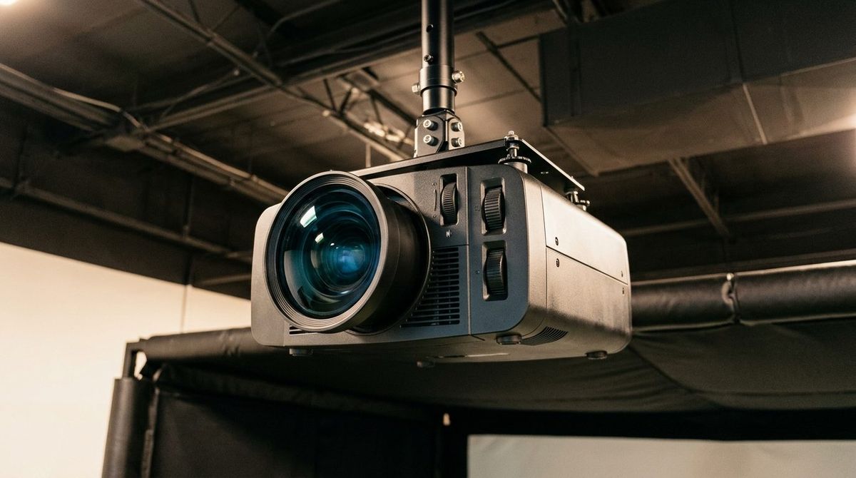 Ceiling mounted short throw golf simulator projector aligned with impact screen enclosure
