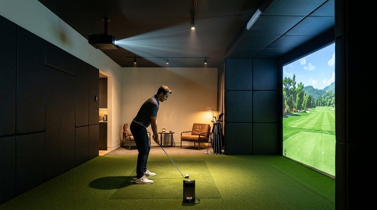 Ray tracing diagram of golf simulator projector optical beam angle and golfer shadow clearance