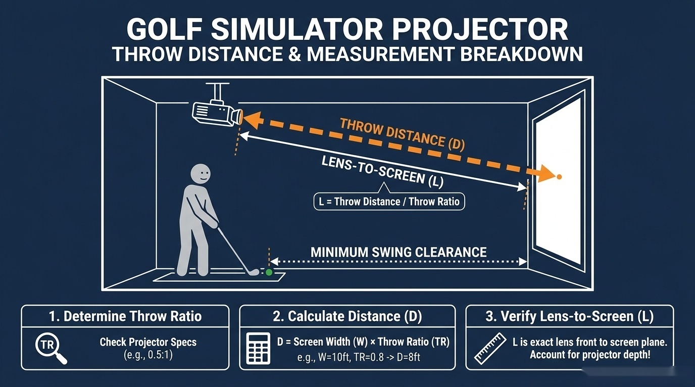 Golf simulator projector throw distance diagram