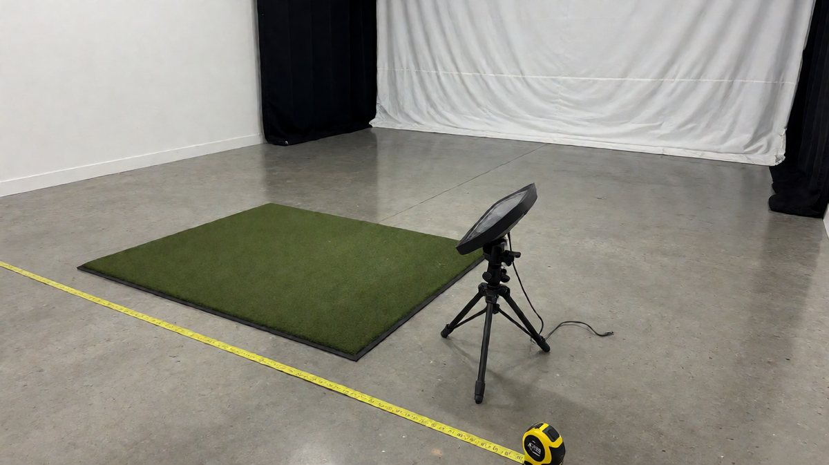 Indoor golf simulator room with a hitting mat, radar launch monitor placed behind the tee and a tape measure showing room depth