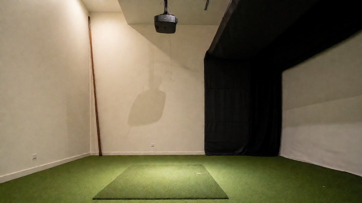 Finished indoor golf simulator room with ceiling projector, impact screen and a pole showing ceiling height