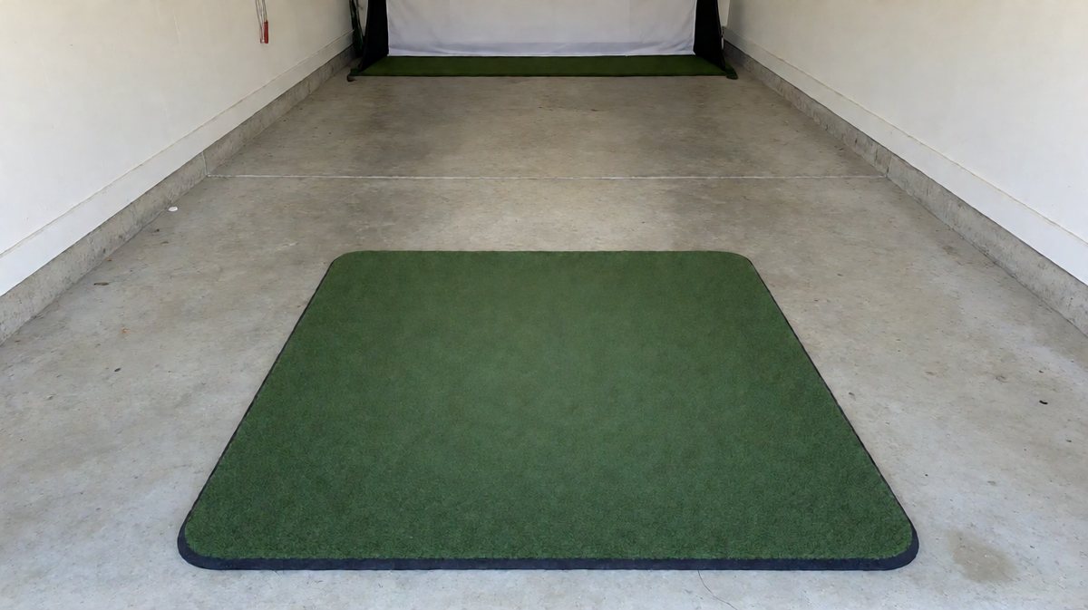 Narrow garage bay with a rectangular golf hitting mat on a smooth concrete floor and close side walls