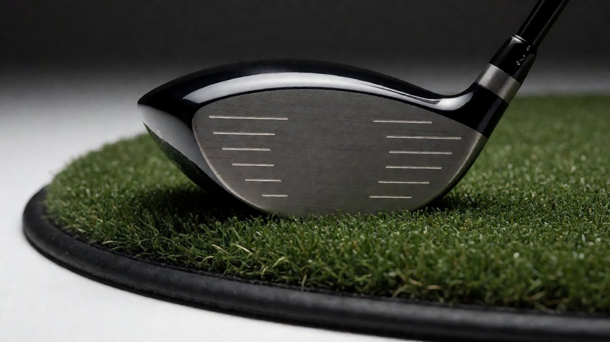 Driver clubhead brushing across the dense turf fibres of a premium golf hitting mat