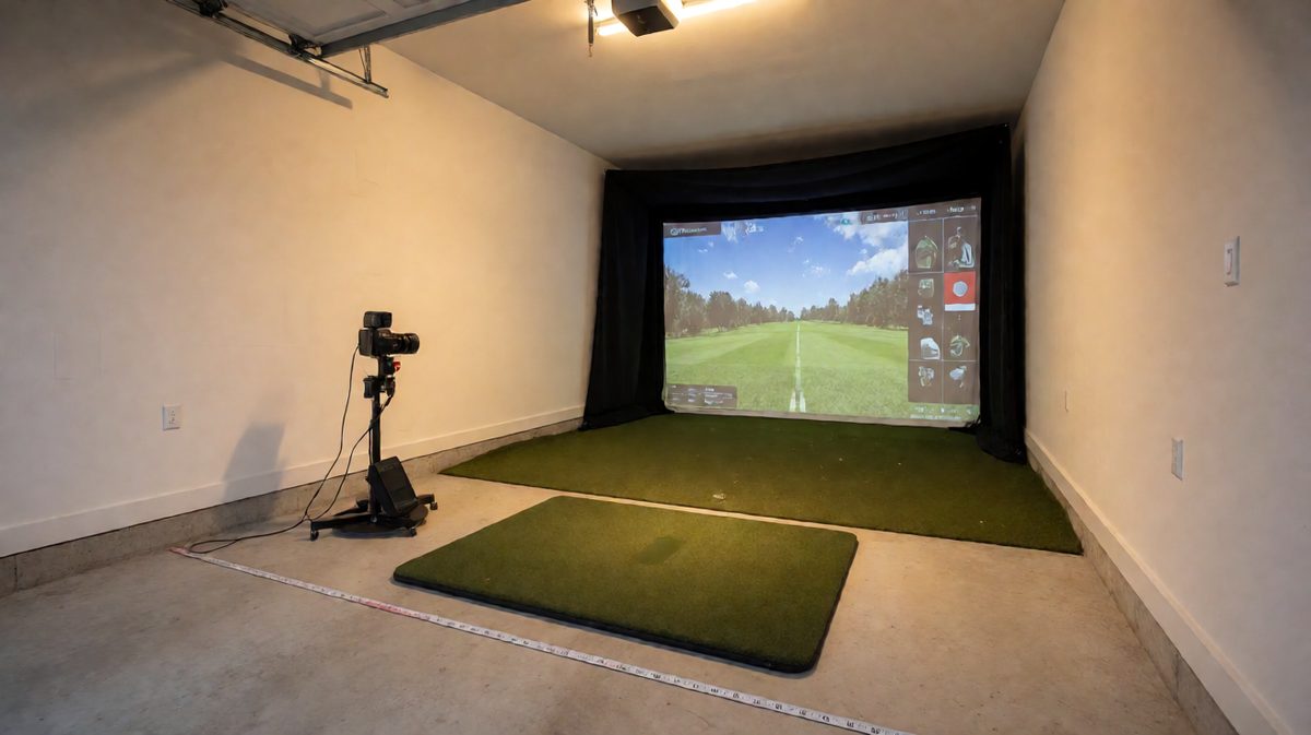 Single-car garage golf simulator with a camera-based launch monitor, hitting mat, impact screen and tape measure along the floor