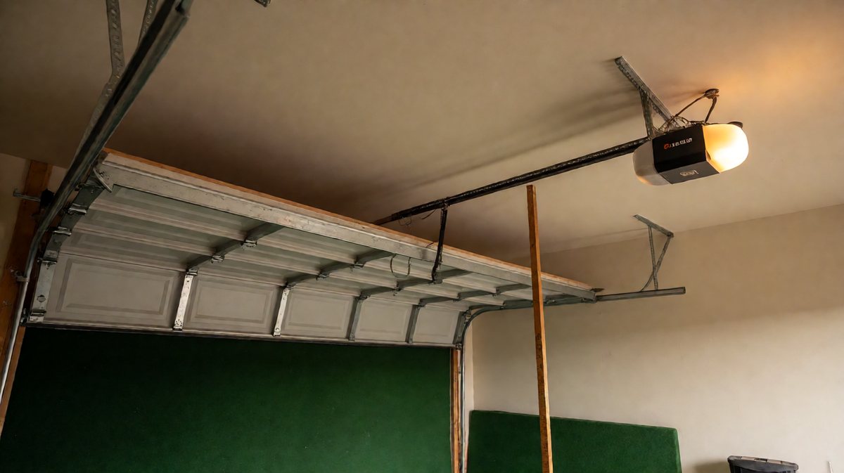 Garage ceiling showing overhead door tracks and opener rail that limit golf swing headroom